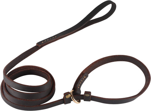 Real Leather Slip Dog Leash for Medium Large Dogs - Soft Sturdy Heavy Duty Flat Pet Training Leash, Brown
