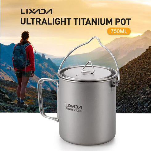 Titanium Cup, Ultralight 750ml Portable Water Mug with Lid and Foldable Handle for Outdoor Camping Cooking Picnic