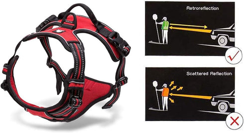 Soft Front Dog Harness, Best Reflective No Pull Harness with Handle and 2 Leash Attachments in Red