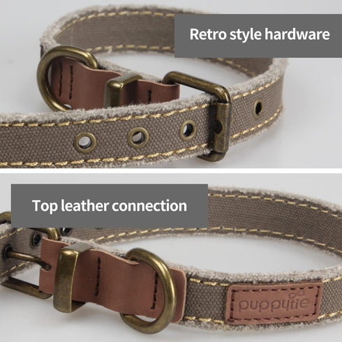 Canvas Handmade Vintage Dog Collar, Soft Breathable Adjustable Pet Collar Covers for Small Medium Dogs, Khaki, M