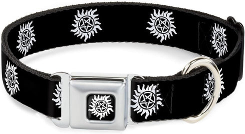 Dog Collar Seatbelt Buckle Winchester Pentagram Repeat Black White 1.0 Inch Wide, 15 to 26 Inches, DC-WSN005-L