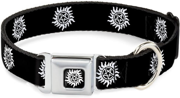 Dog Collar Seatbelt Buckle Winchester Pentagram Repeat Black White 1.0 Inch Wide, 15 to 26 Inches, DC-WSN005-L
