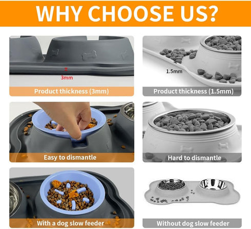 Dog Bowls Stainless Steel Slow Feeder Set with Silicone Mat, 100% Waterproof BPA Free No-Spill Pet Feeder Water Bowls