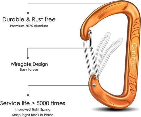 Gabbro Heavy Duty Carabiner Clips, Wiregate Snap, Screw Locking, Lightweight Aluminum for Hiking, Camping