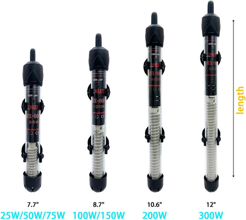 Adjustable Temperature Submersible Fish Tank Heater, Available in 25W/50W/100W/150W/200W/300W