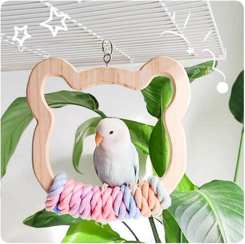 Gradient Large Wooden Bird Swing with Colorful Cotton Rope for Bird Cages Natural Hanging Toy for Medium-Large Birds