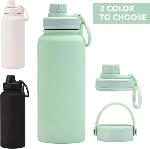 White 32 OZ Insulated Water Bottle, Large Metal Stainless Steel Flask with 2 Lids for Sports Travel