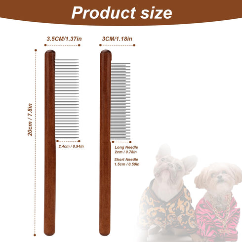 2pcs Grooming Comb for Pets, Solid Wood Cat Combs with Wide & Narrow Rounded-Tip Steel Teeth for Tangled Hair
