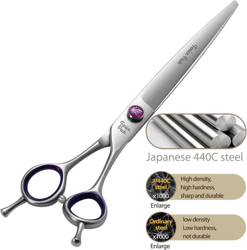 Fenice Peak 7'' Straight Dog Grooming Scissors - Purple Finger Rings, 440C Stainless Steel Pet Trimming Shears