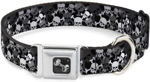 Buckle-Down Dog Collar Seatbelt Buckle, Top Skulls Stacked Black Gray White, 11 to 17 Inches, 1.0 Inch Wide