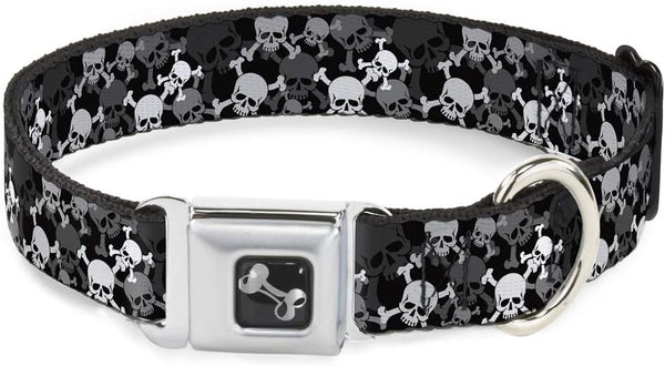 Buckle-Down Dog Collar Seatbelt Buckle, Top Skulls Stacked Black Gray White, 11 to 17 Inches, 1.0 Inch Wide