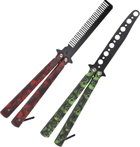 Practice Butterfly Knife Trainer, 2 Pack Steel Folding Comb, Unsharpened Blade for Beginners Training (Red & Green)