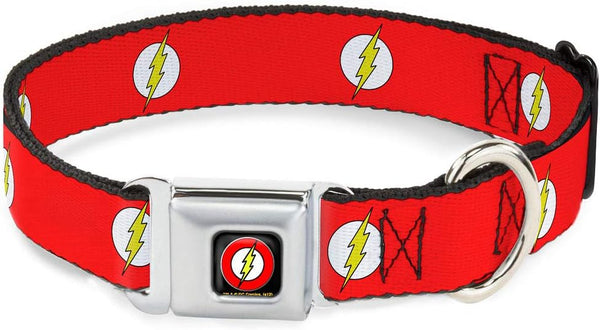 Dog Collar with Seatbelt Buckle - Flash Logo Red White Yellow, Fits 11 to 17 Inches, 1.0 Inch Wide