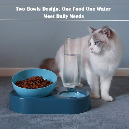 Raised Cat Food Bowls with Automatic Water Bottle, Adjustable Tilted Feeding Dishes for Cats and Dogs (Blue)