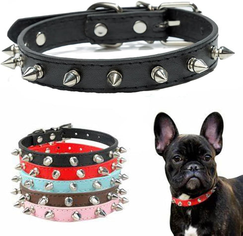 Spiked Dog Collar for Small Dogs, Soft Pu Leather Adjustable Studded Cat Collar for Mini Tiny Breed Pets (S, Black)