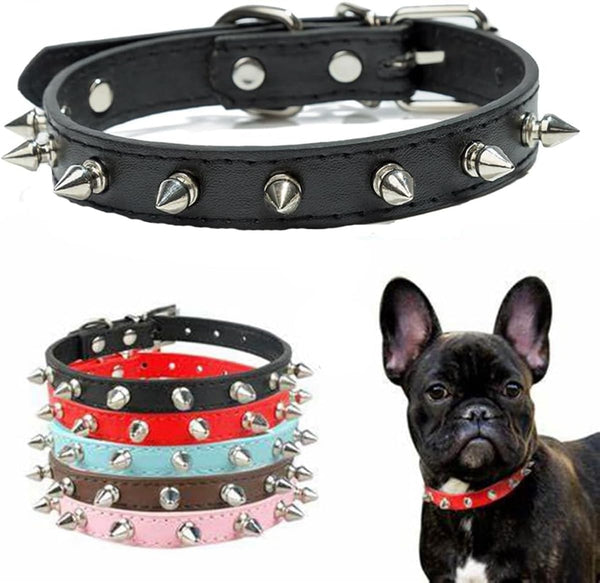 Spiked Dog Collar for Small Dogs, Soft Pu Leather Adjustable Studded Cat Collar for Mini Tiny Breed Pets (S, Black)