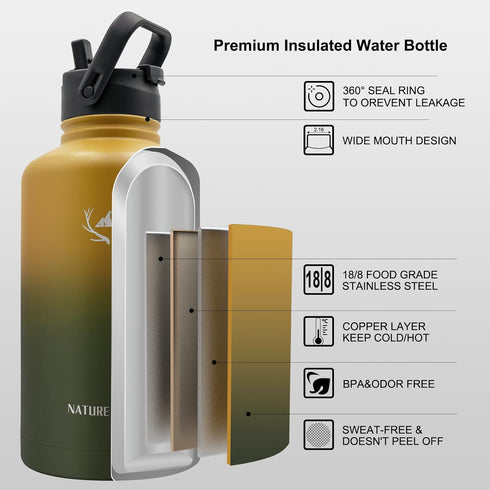 NATURE PIONEOR Tactical Water Bottle | Stainless Steel 18/8 Food Grade Half Gallon Jug with Carrying Molle Sleeve