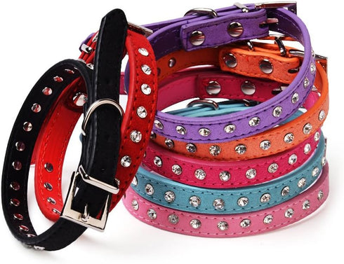 Dogs Kingdom 10"-16.5" Total Length Suede Skin Jeweled Rhinestones Pet Dog Collar Red