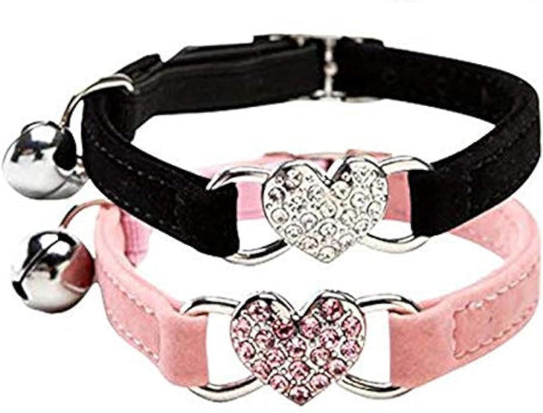 CHUKCHI Pink Soft Velvet Adjustable Cat Collar with Crystal Heart Charm and Bells, 8-11 Inches (Black+Pink)