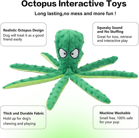 Dog Squeaky Toys Octopus - No Stuffing Crinkle Plush Chew Toys for Puppy Teething, 2 Pack for Small, Medium, Large Dogs