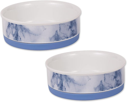 Bone Dry Ceramic Marble Non-Slip Pet Bowls for Dogs & Cats, Microwave & Dishwasher Safe, Medium Set, Blue