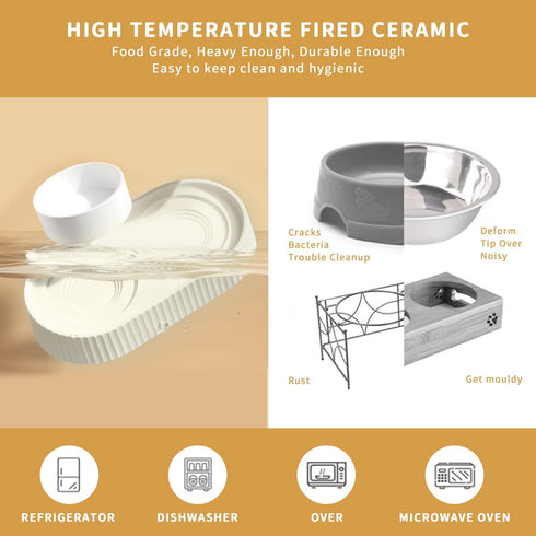 Ceramic Elevated Cat Bowls - 15° Tilted Raised Cat Food Bowls for Indoor Cats, Anti Vomiting Set