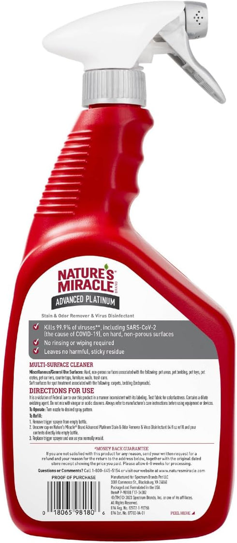 32 Natures Miracle Advanced Platinum Stain and Odor Remover and Virus Disinfectant, Ounces, Disinfects and Cleans