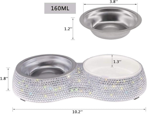 SAVORI Small Dog Bowls - Handmade Bling Rhinestones Stainless Steel Double Food Water Feeder for Cats and Dogs (Silver,