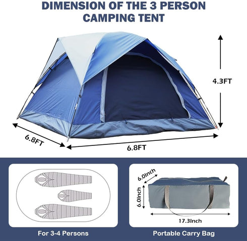HIKERBRO 3 Person Camping Tent, Small Dome Tent with 2 Upgraded Doors & Half Mesh Ceiling, Waterproof for 2/3/4 Person