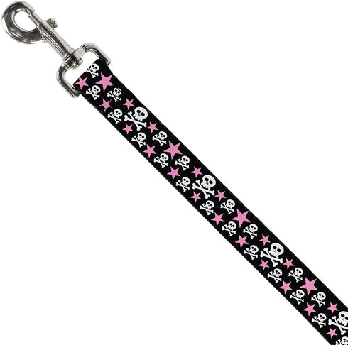 Dog Leash Skulls Stars Black White Pink 4 Feet Long 1.5 Inch Wide