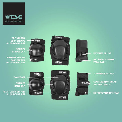 TSG Basic Pad Set, All in One Skateboard Protection Set of Knee Pads, Elbow Pads, Wrist Guards, Hardshell