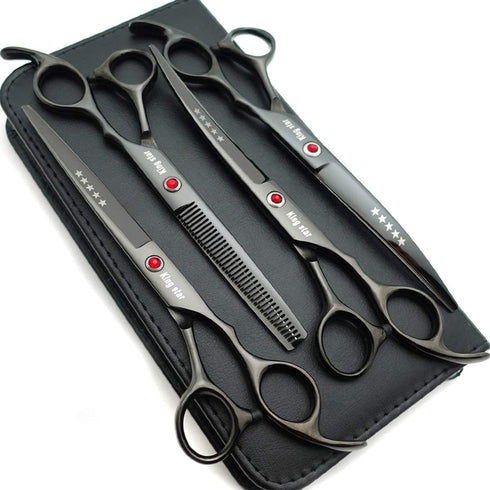 7.0in Titanium Black Professional Pet Grooming Scissors Set, 4pcs Straight & Thinning & Curved for Dog Grooming