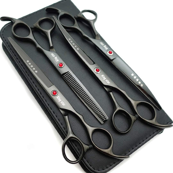 7.0in Titanium Black Professional Pet Grooming Scissors Set, 4pcs Straight & Thinning & Curved for Dog Grooming