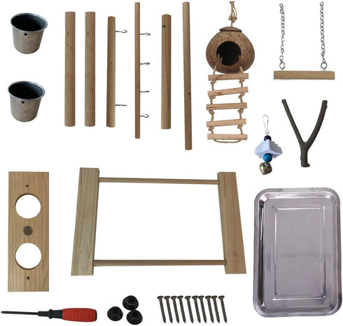 Hamiledyi Parrot Playground Bird Play Stand Natural Wood Parrot Perch Gym with Feeder Cups Cockatiel Nest with Ladder