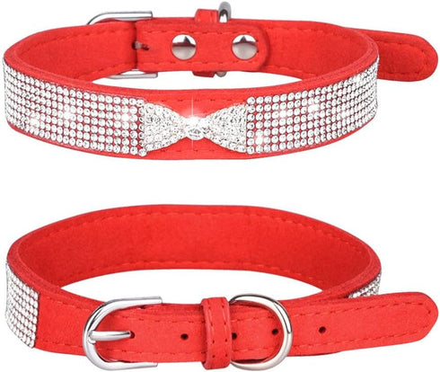 Puppy Collar with Rhinestone Name Plate - Pretty Bow Crystal Glitter Jewel Bling Collar for XXS XS Small Medium Pet