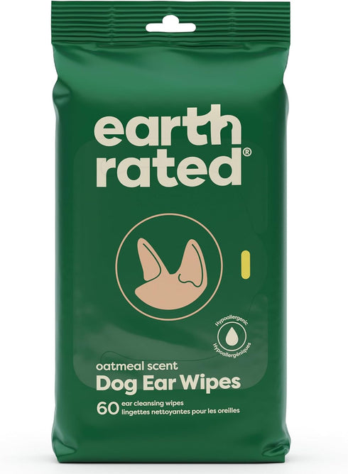 Earth Rated Pet Ear Wipes - Hypoallergenic Wipes for Dogs & Cats to Remove Dirt and Wax Build Up, Oatmeal Scent, 60