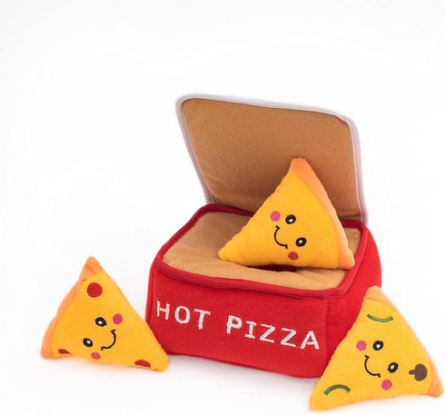 ZippyPaws Burrow Food Buddies Pizza Box, Interactive Hide and Seek Dog Toys, Colorful Squeaky Plush Puzzles for Small &