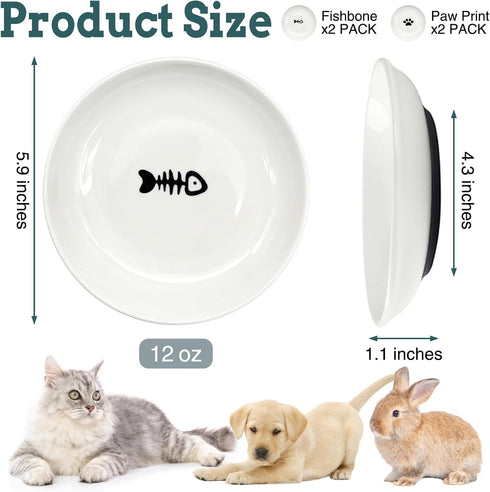 BNOSDM 4 Pcs Cat Food Bowls, Shallow Ceramic Dishes with Non-Slip Silicone Bottom for Indoor Kittens