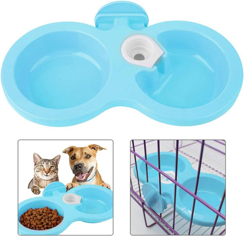 Pssopp Double Dog Bowl, Hanging Pet Food and Water Feeder, Plastic, Blue