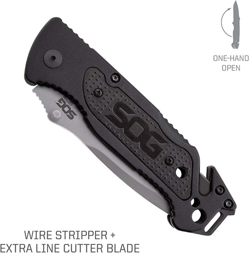 SOG Escape Tactical Folding Pocket Knife - 3.4 Inch Serrated Edge Blade with Glass Breaker, Black