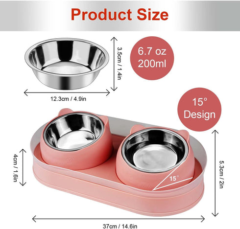 Elevated Cat Food Bowls, Raised Stainless Steel Bowl Set, Tilted Anti Vomiting Double Cat Food and Water Bowls