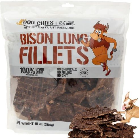 Dog Chits Bison Lung Fillets Dog Treats - All Natural, Grain and Chemical Free, High Protein, 10 oz Bag