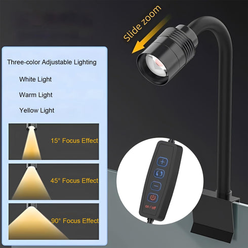 NiuXTool 1590 Dimming Zoom Mini Aquarium Spotlight with Timer Gooseneck Clip-On Lamp, Zoom Beam, Tri-Color White/Warm