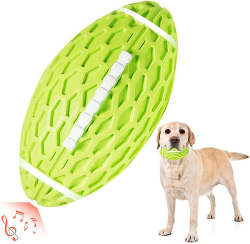 AUSCAT Dog Chew Squeaky Toy Ball, Rugby Shape Rubber Chew Ball with Squeaker for Fetch Game and Outdoor Play