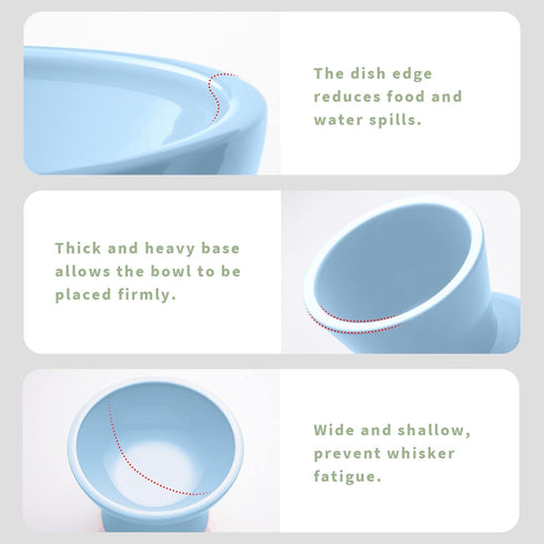 Extra Wide Elevated Cat Bowls, Ceramic Cat Food Bowl 6.2" Raised Dish, Whisker Fatigue Free, Blue