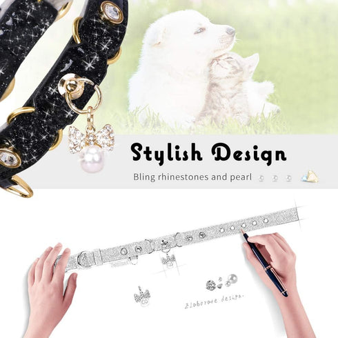 PetsHome Bling Rhinestones Cat Collar, PU Leather Adjustable Pet Collar with Luxury Pendant for Extra Small Dog and
