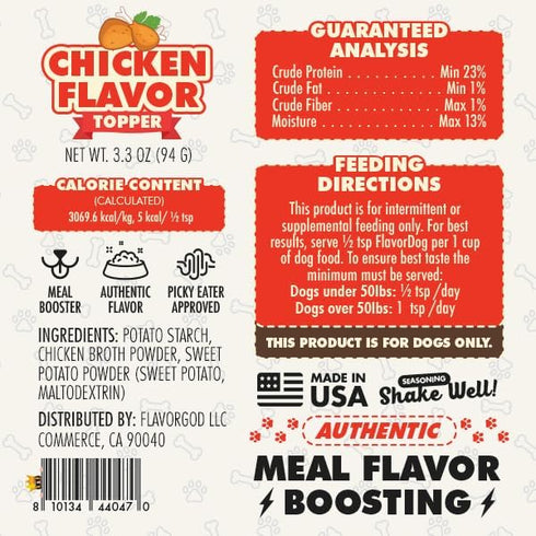 Flavor God Dog Food Topper for Picky Eaters, Chicken Flavor - Low-Calorie Dog Food Toppers for Dry Food - Large, Medium, & Small Dogs Appetite Stimulant - Dog Meal Sprinkle Topper (3.3 Oz)