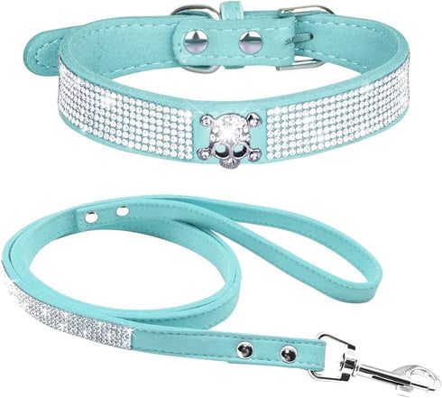 Rhinestone Dog Collar, Dazzling Sparkling Soft Velvet Leather Collar and Leash Set for Small Dogs (L:38-46 cm, Blue-5)