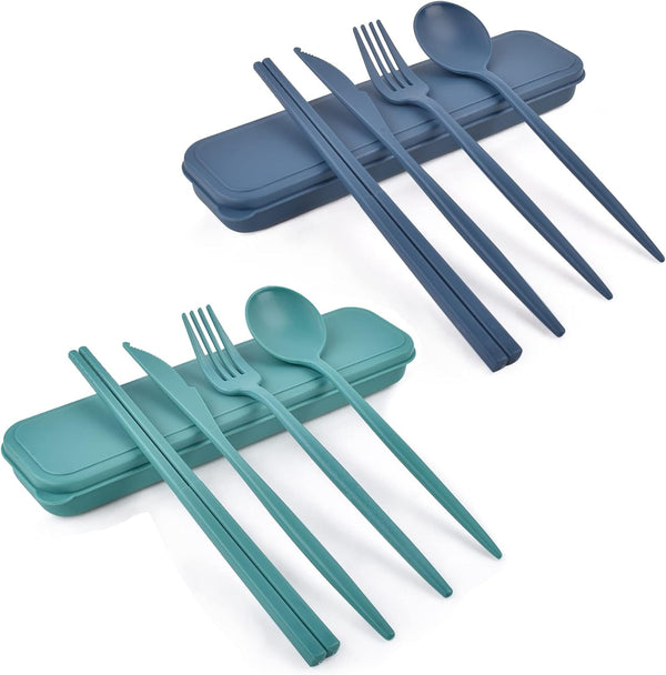 Reusable Utensil Set with Case, 2 Sets Portable Travel Cutlery, Knives, Chopsticks, Spoons, Forks (Blue, Green)