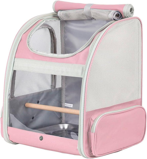 Bird Carrier Backpack with Wooden Stand Perch - Travel Carrier Backpack for Birds in Pink